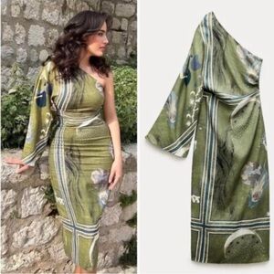 Zara Asymmetrical Olive green dress COLLECTION PRINTED bloggers collection